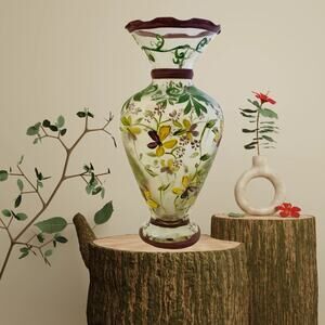 Tracy Porter Hand-Painted Bud Vase Purple Yellow Flowers Ruffled Edge 6.5” Glass